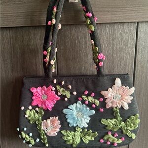 Vintage Fiorucci Black Floral Embroidered Handbag
